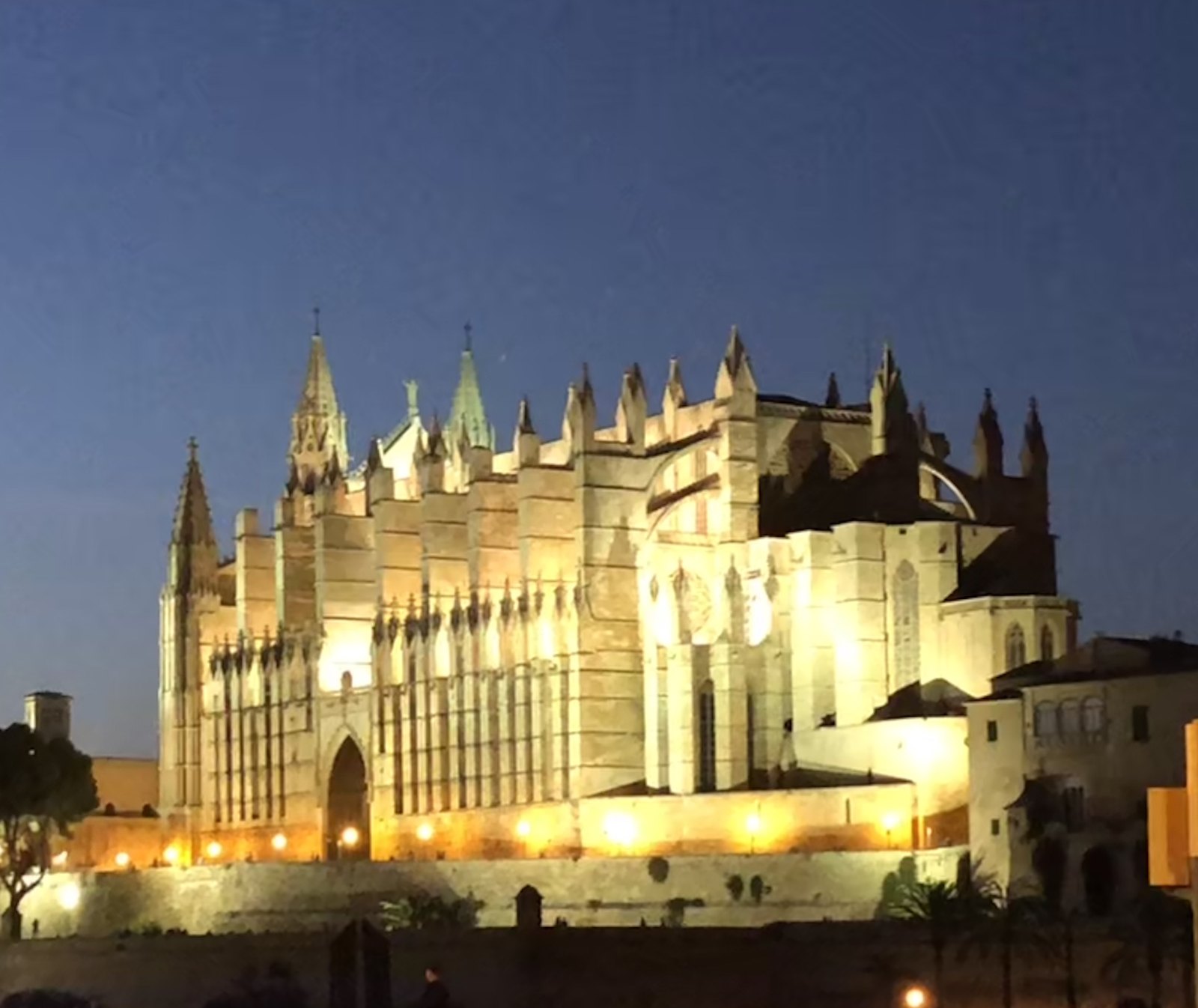 Die beleuchtete Kathedrale La Seu in Palma vor dem dunkelblauen Abendhimmel.